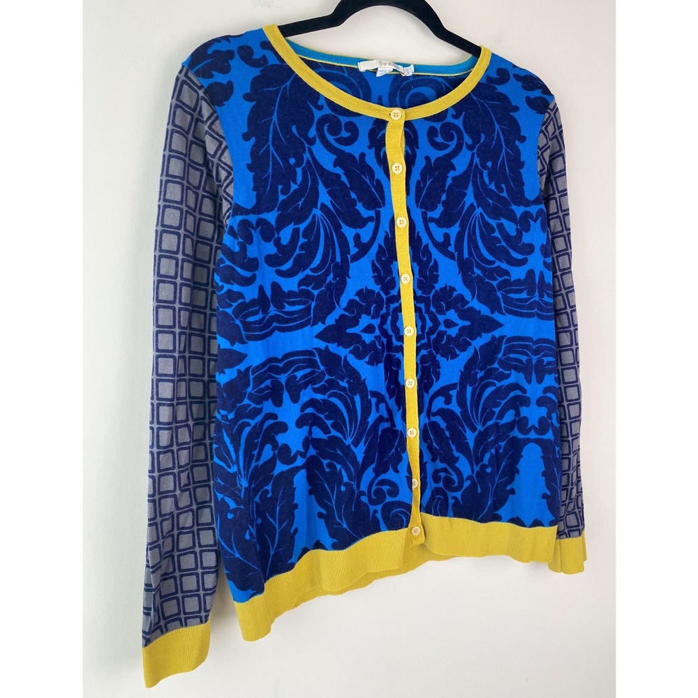Boden Womens Geometric 100% Wool Cardigan 14 Blue Floral Maximalist Retro Unique - Picture 3 of 7